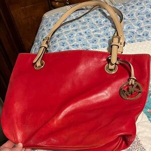 Michael Kors Red Leather Tote with Tan Straps and MK Charm